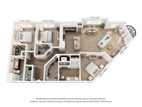 Floor plan for 3 beds, 2 baths, 1551 sqft